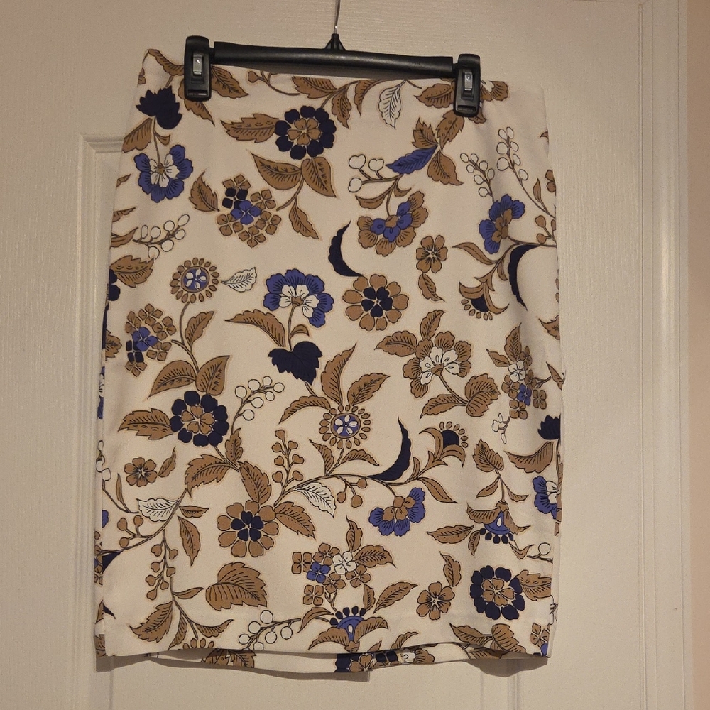Ann Taylor Factory Cream Floral Pencil Skirt with Blue and Brown Print